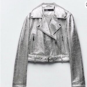 Zara Metallic Silver Leather Jacket